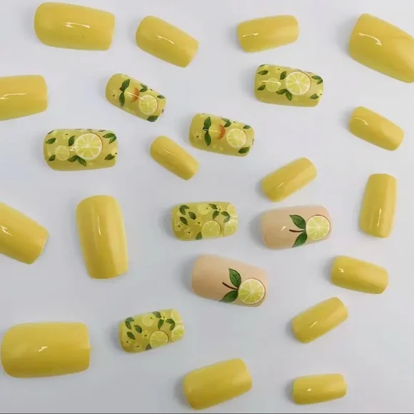 Summer Lemon Yellow Press On Nail Art Reusable 24 pc Medium NWT - Picture 4 of 11
